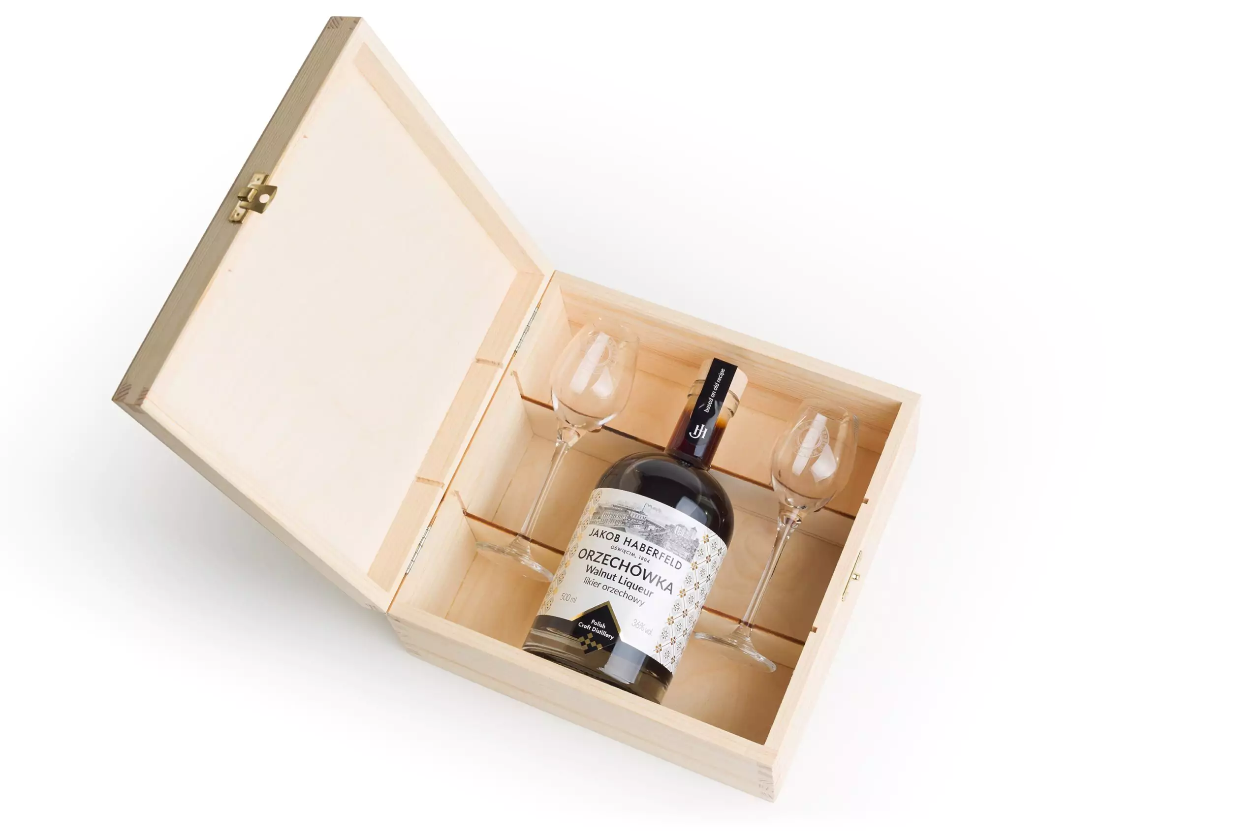 Skrzynka drewniana na 1 but + 2 kieliszki Jakoba Haberfelda